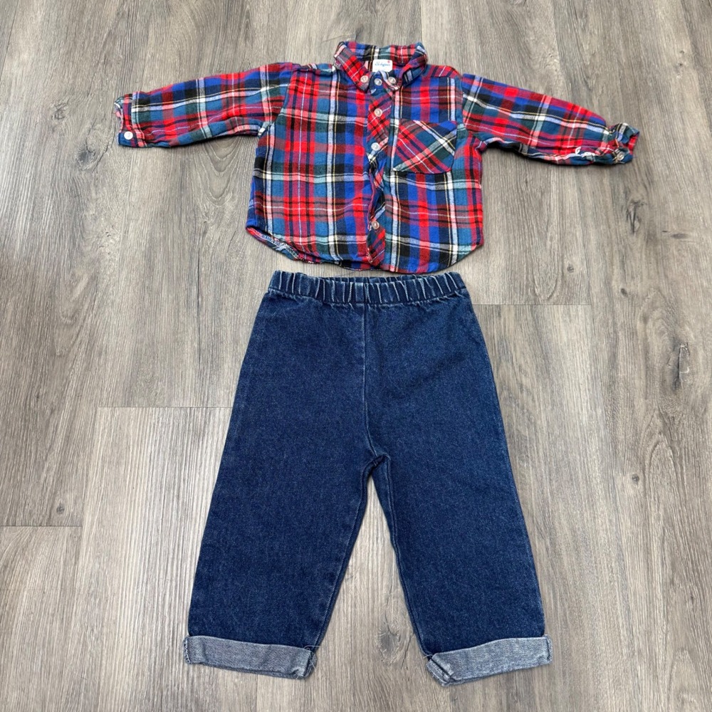 Vintage Babyfair Toddler Boys 12M Plaid Button Up Shirt and Denim Jeans 2pc Set